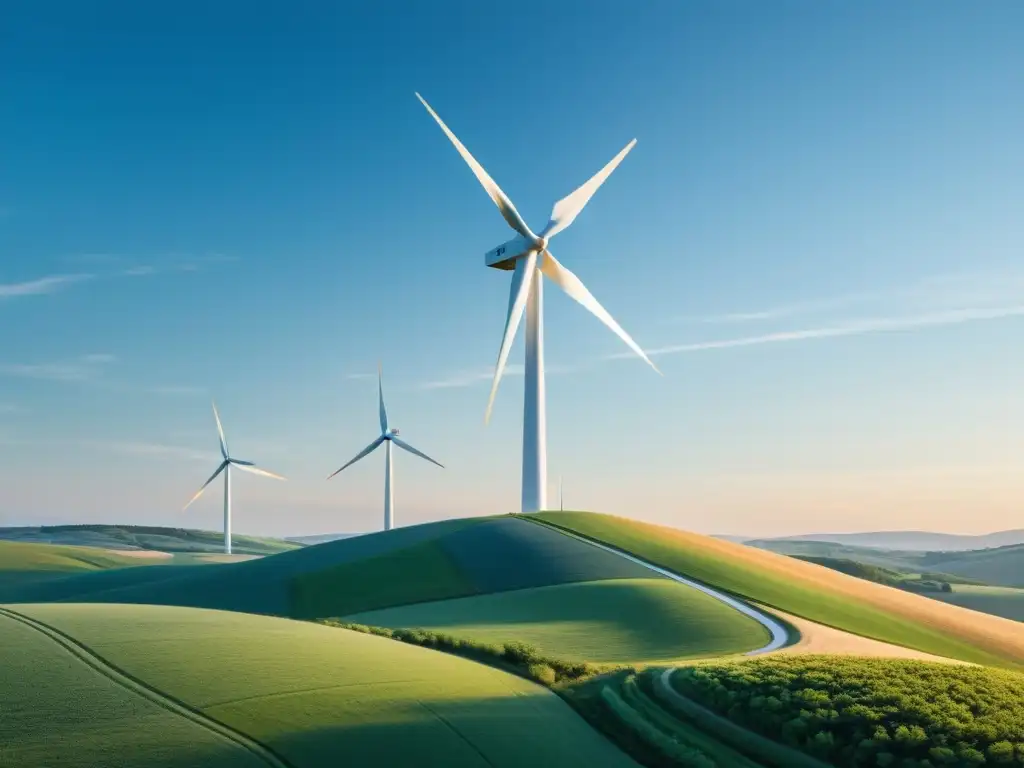 Un paisaje sereno de campo con un moderno aerogenerador en armonía con la naturaleza