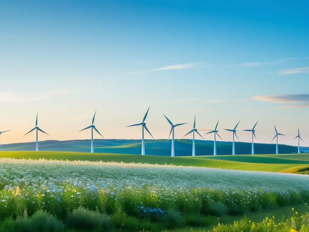 Un paisaje sereno con campos de energía renovable, molinos de viento y flores silvestres, bajo un cielo azul