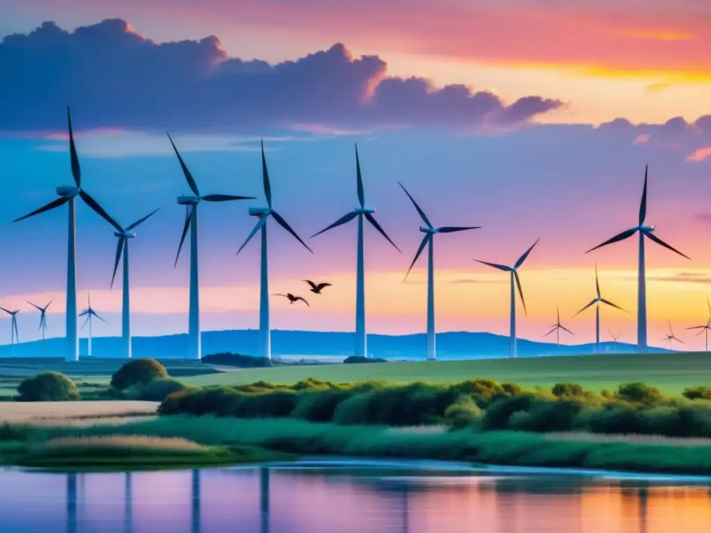 Un paisaje sereno muestra la convivencia armoniosa entre energía eólica y vida silvestre al atardecer