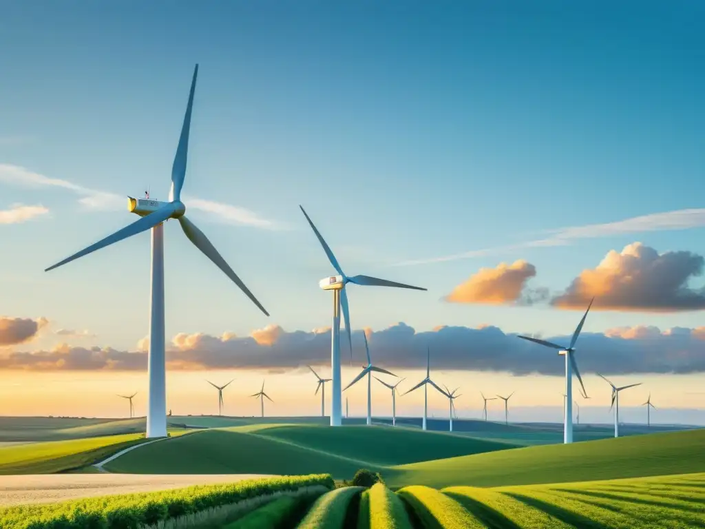 Un paisaje sereno de cooperativas energía eólica sostenible, con modernos molinos de viento blancos destacándose en un cielo vibrante