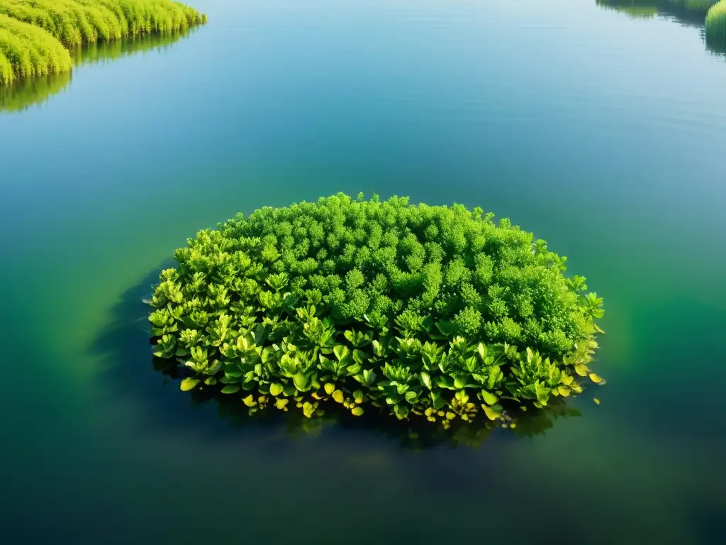 Un paisaje sereno de un cuerpo de agua tranquilo con plantas acuáticas verdes flotando, reflejando la bioenergía a partir de biomasa acuática