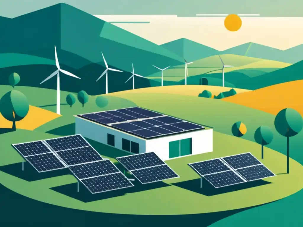 Un paisaje sereno con microredes que proveen energía a comunidades aisladas, destacando los beneficios de las microgrids