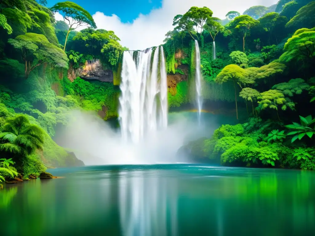 Un paisaje sereno de una exuberante selva tropical con una suave lluvia cayendo del cielo