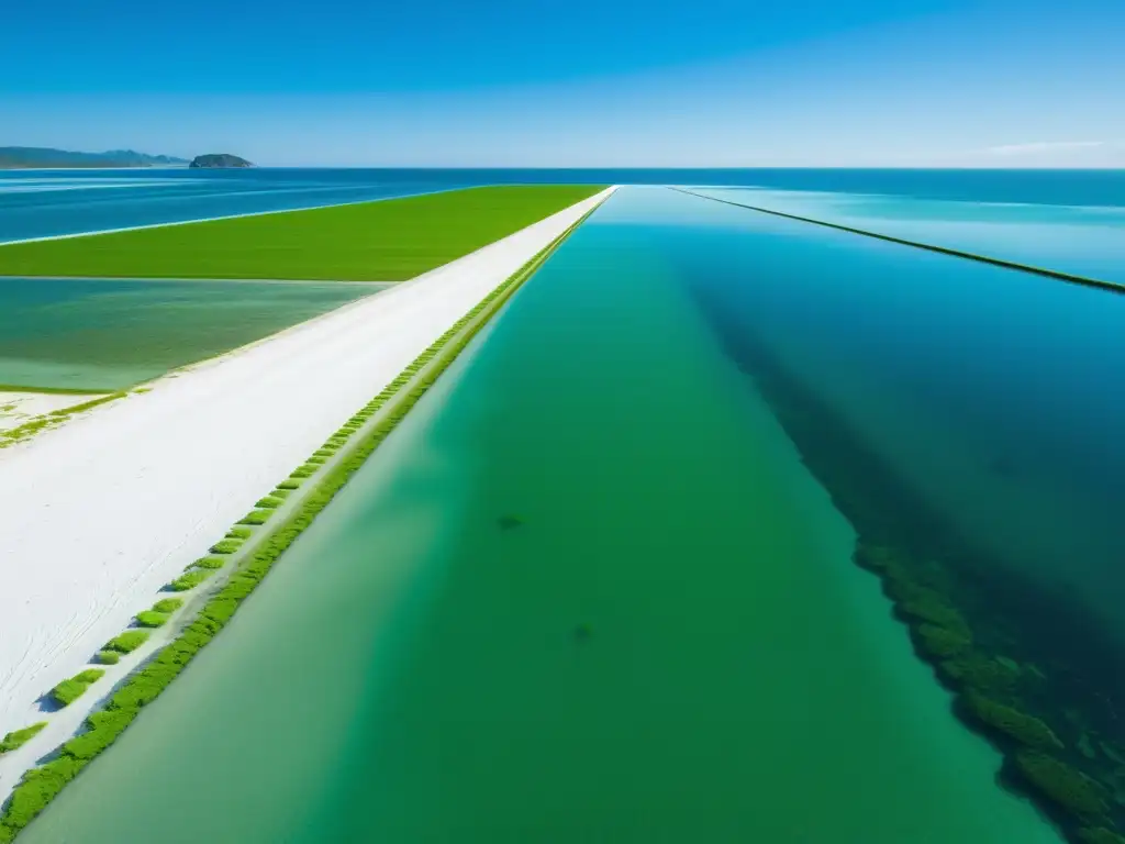 Un paisaje sereno de una gran y limpia granja de algas en la costa, bajo un cielo azul