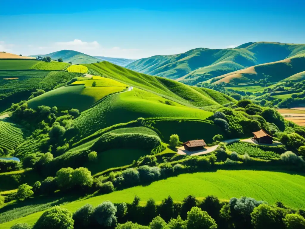 Un paisaje sereno y minimalista con colinas verdes, cielos azules y un pueblo tranquilo en la distancia