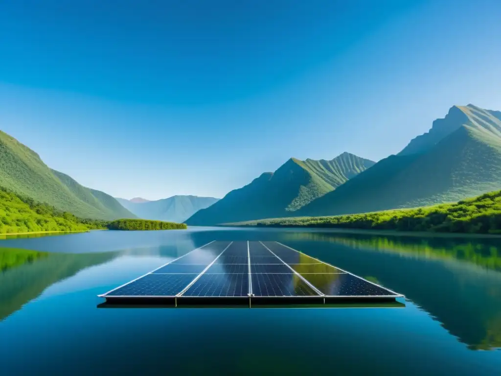 Armonía solar sobre lago sereno Un paisaje sereno y minimalista de un gran conjunto de paneles solares flotantes en un lago, rodeado de montañas y vegetación exuberante