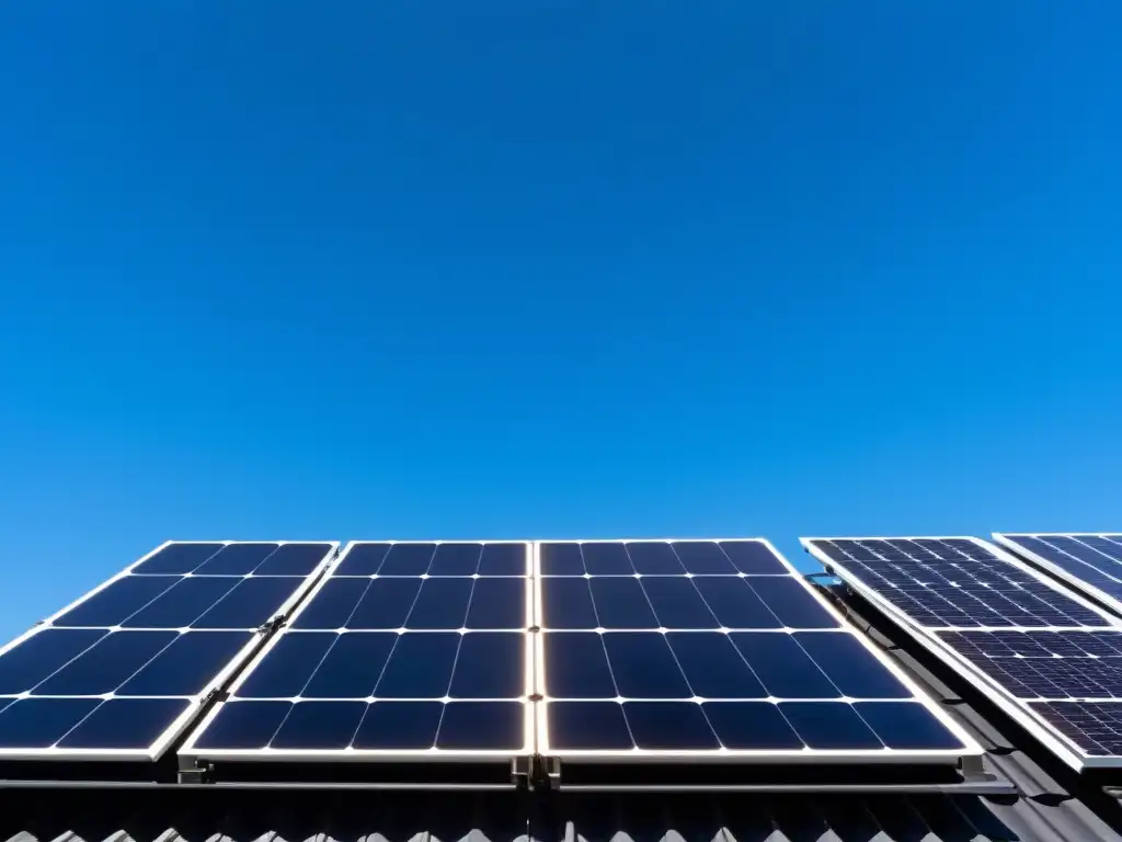 Un paisaje sereno y minimalista de una instalación de paneles solares bajo un cielo azul claro