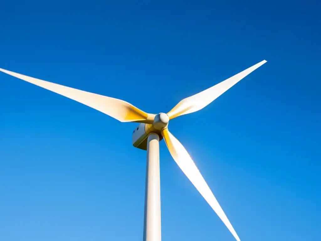 Un paisaje sereno y minimalista de un moderno aerogenerador destacando contra un cielo azul