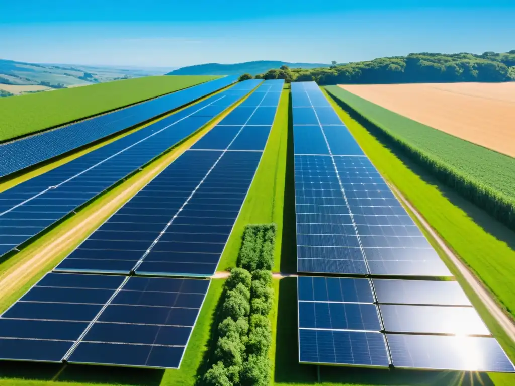 Un paisaje sereno y minimalista de paneles solares en campos verdes bajo un cielo azul claro