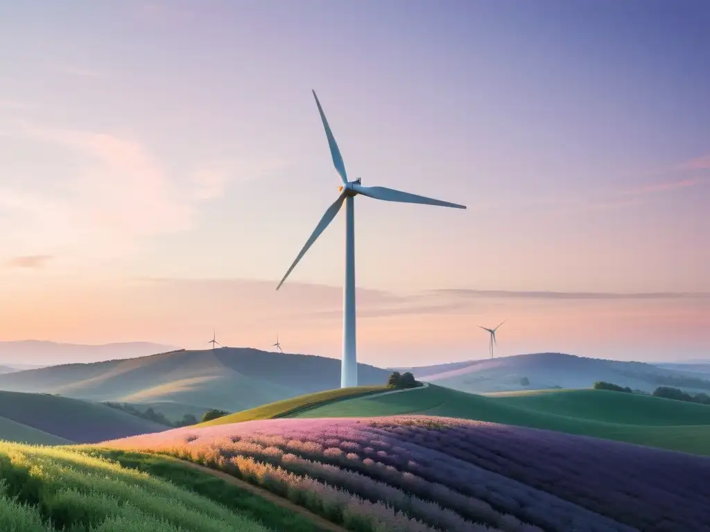 Un paisaje sereno con un molino de viento solitario en colinas