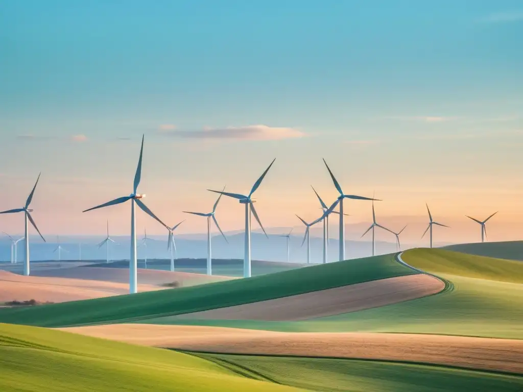 'Paisaje sereno con molinos de viento en movimiento, reflejando el impacto ambiental positivo de la energía eólica