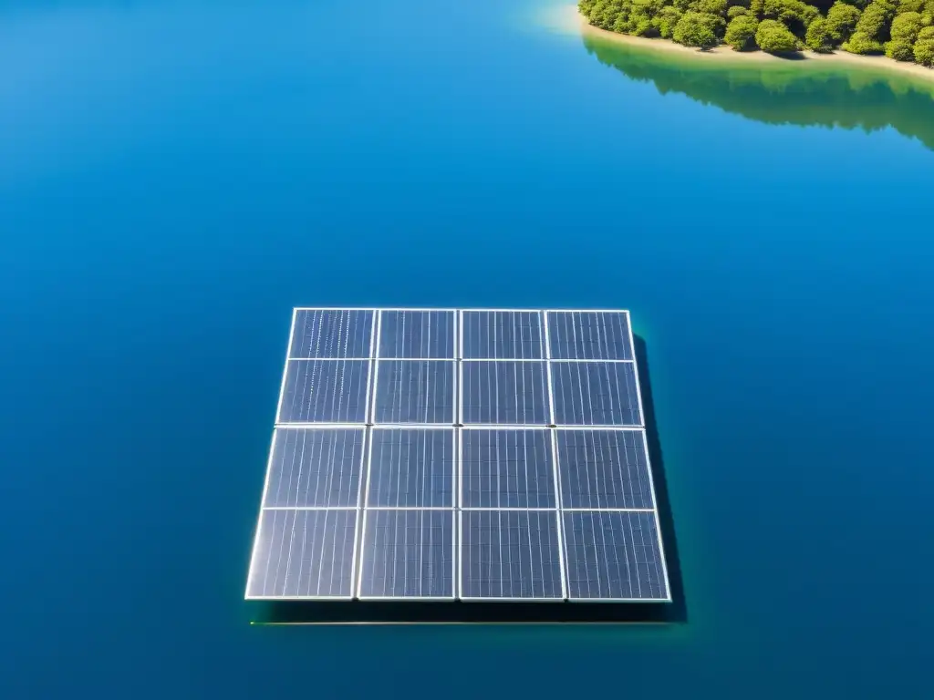 Paneles solares flotantes en lago japonés Un paisaje sereno con paneles solares flotantes en un lago japonés