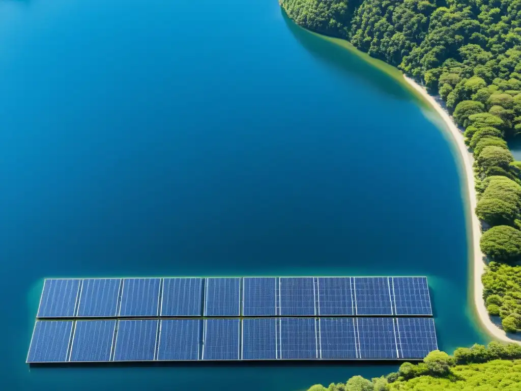 Vista aérea impresionante del lago solar japonés Un paisaje sereno en Japón con paneles solares flotantes que reflejan la luz del sol