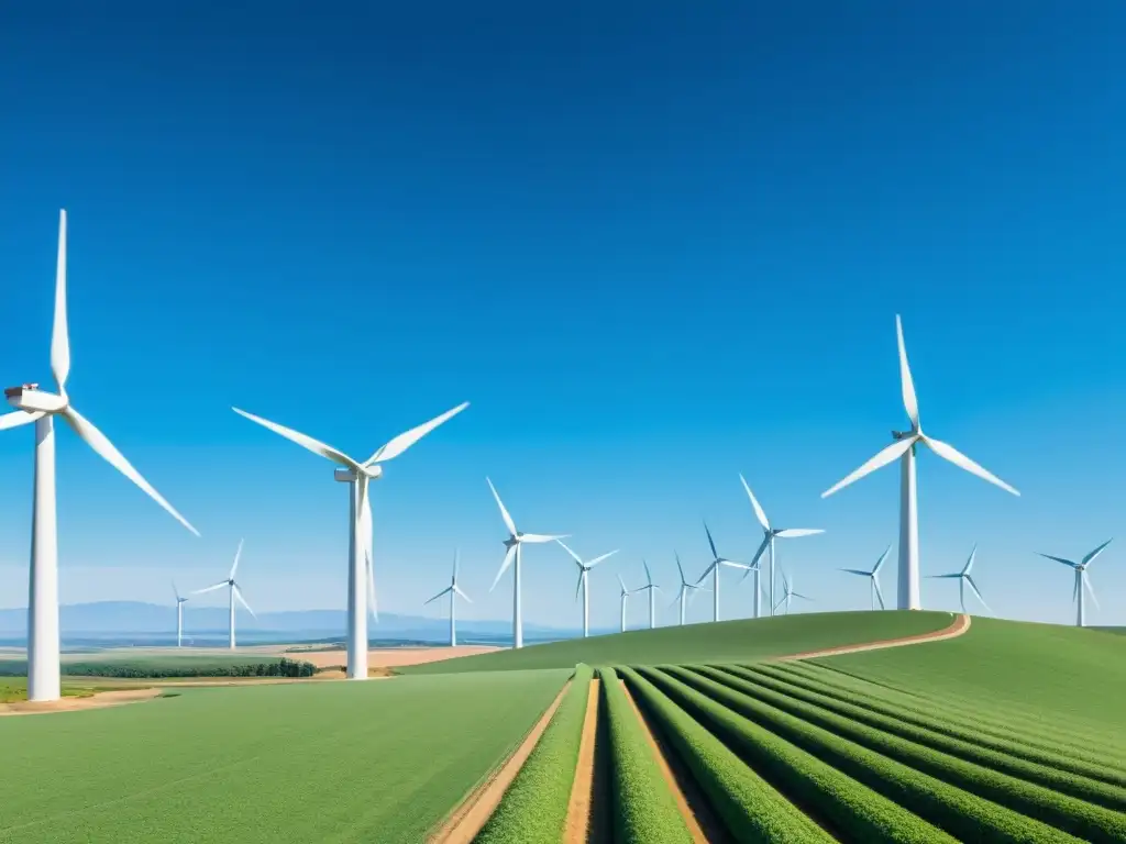 Un paisaje sereno con un parque eólico blanco en filas perfectas bajo un cielo azul claro