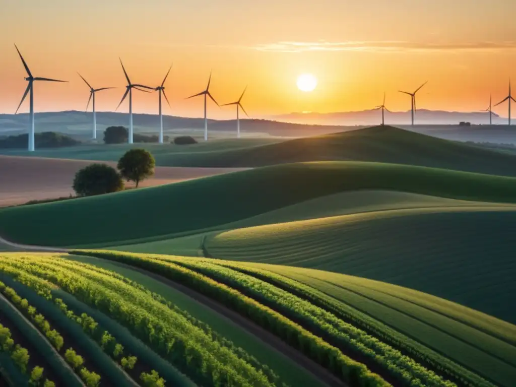 Un paisaje sereno con el sol naciendo sobre energías renovables, evocando esperanza y progreso sostenible