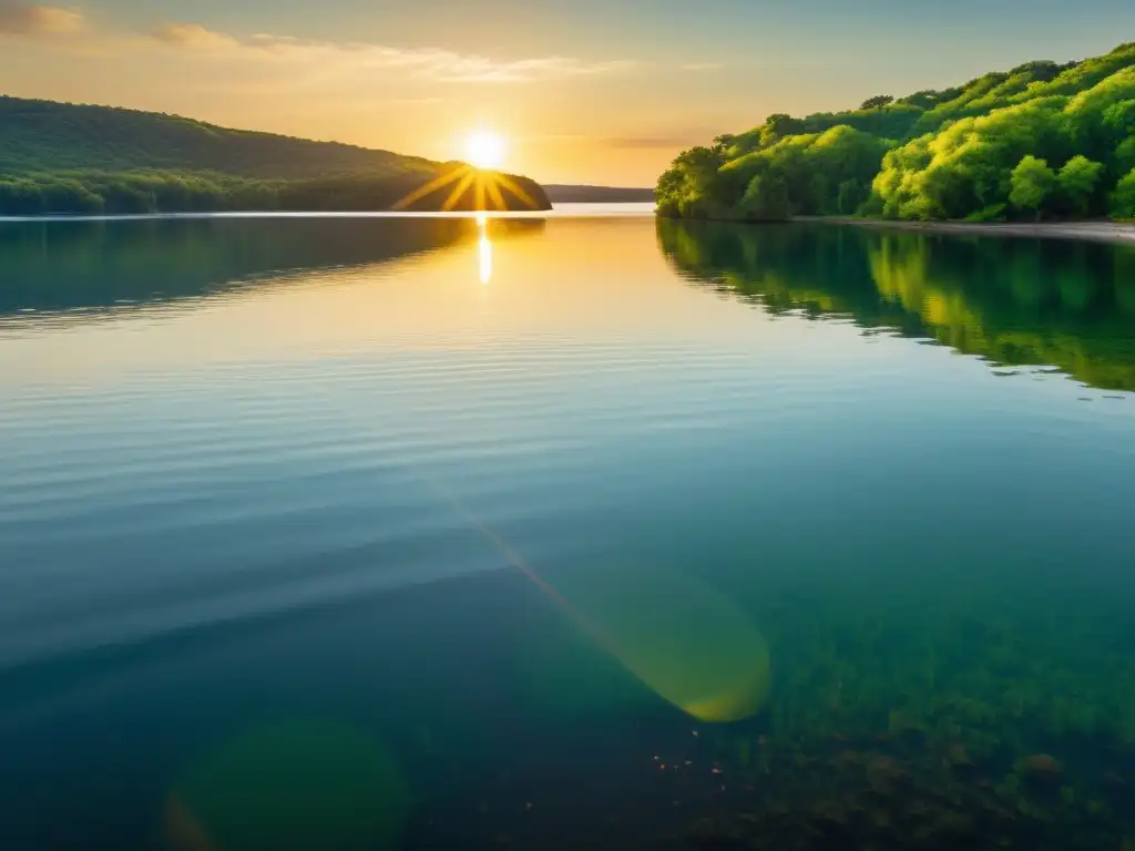 Un paisaje sereno y soleado con un cuerpo de agua brillante rodeado de exuberante vegetación