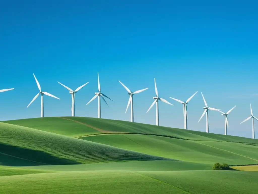 Un paisaje sereno y sostenible de un extenso parque eólico en colinas verdes bajo un cielo azul claro