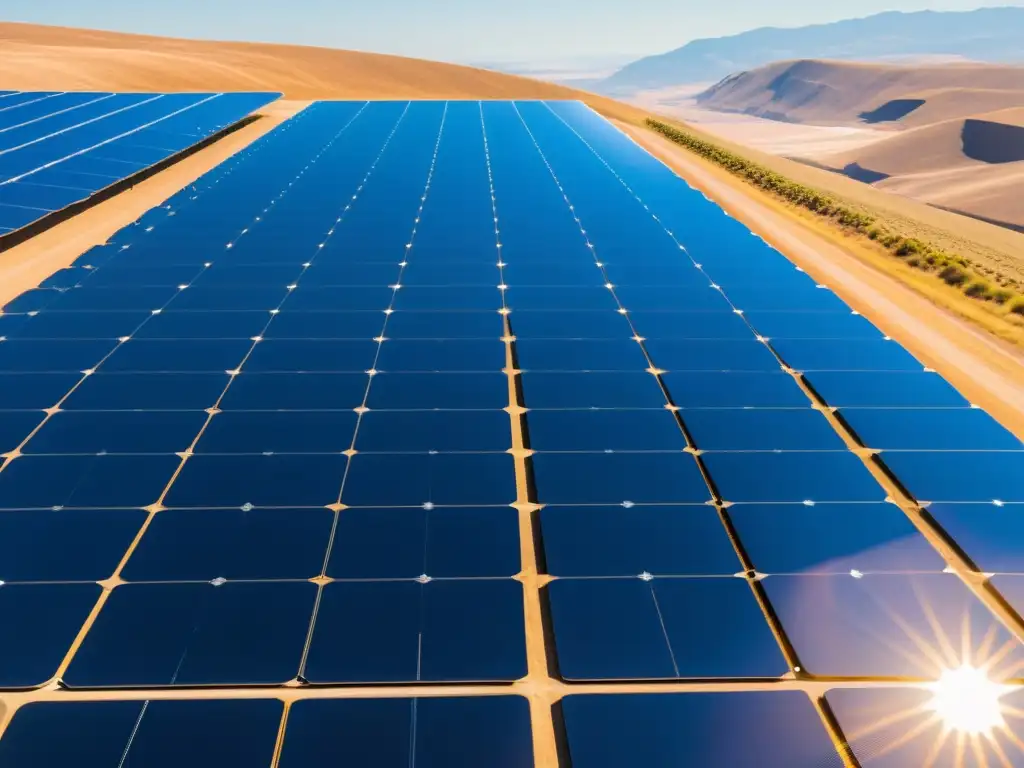 Un paisaje solar impecable y vasto, con paneles relucientes en un patrón geométrico preciso