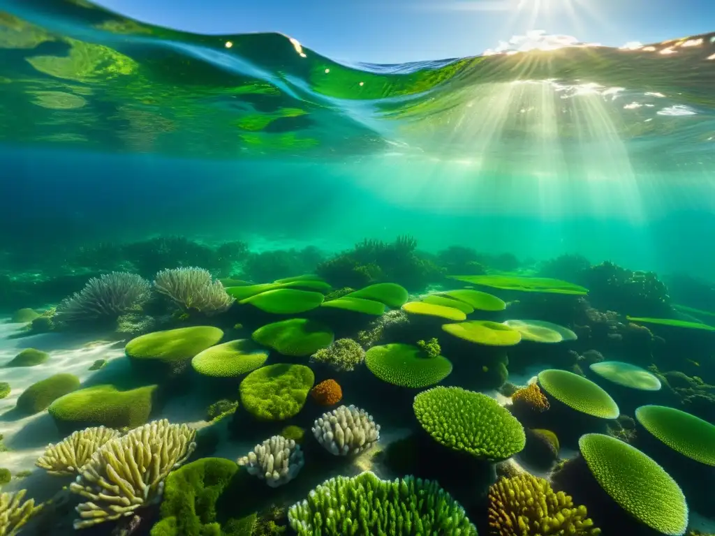 Un paisaje submarino vibrante con algas saludables que proporcionan beneficios ambientales al ecosistema marino