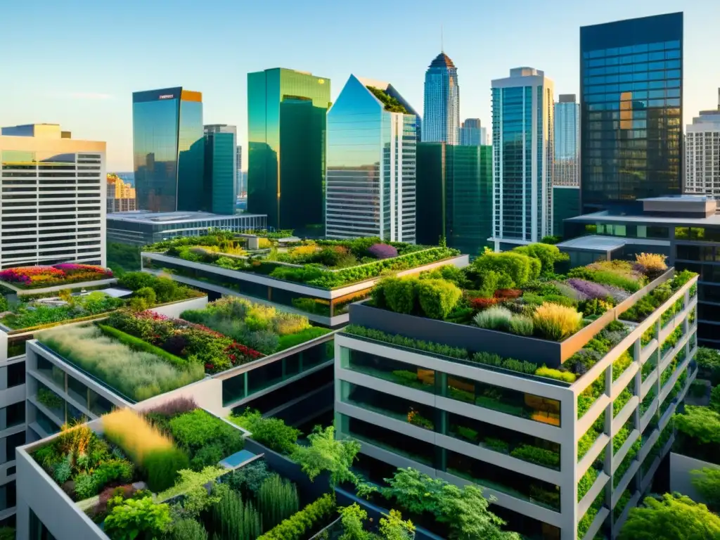 Un paisaje urbano moderno con techos verdes sostenibles que contrasta la arquitectura con la naturaleza