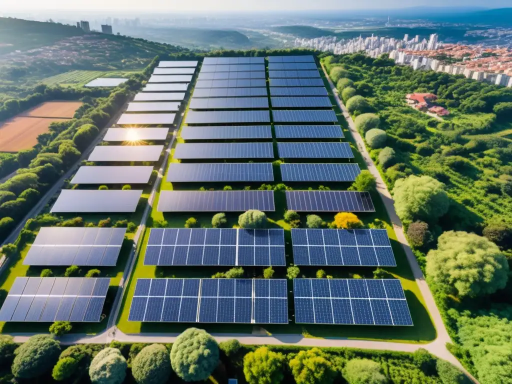 Un paisaje urbano con paneles solares brillantes en los techos de los edificios, rodeado de vegetación