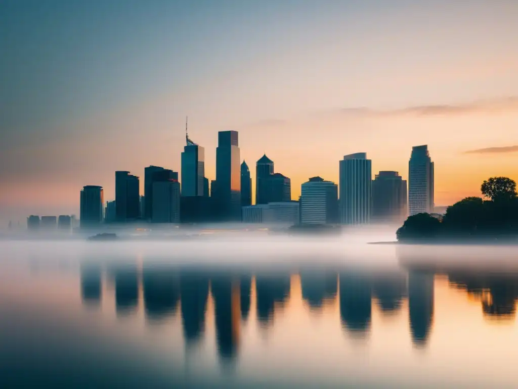 Un paisaje urbano sereno al anochecer, con modernos edificios y un río tranquilo reflejando los cálidos colores del sol poniente