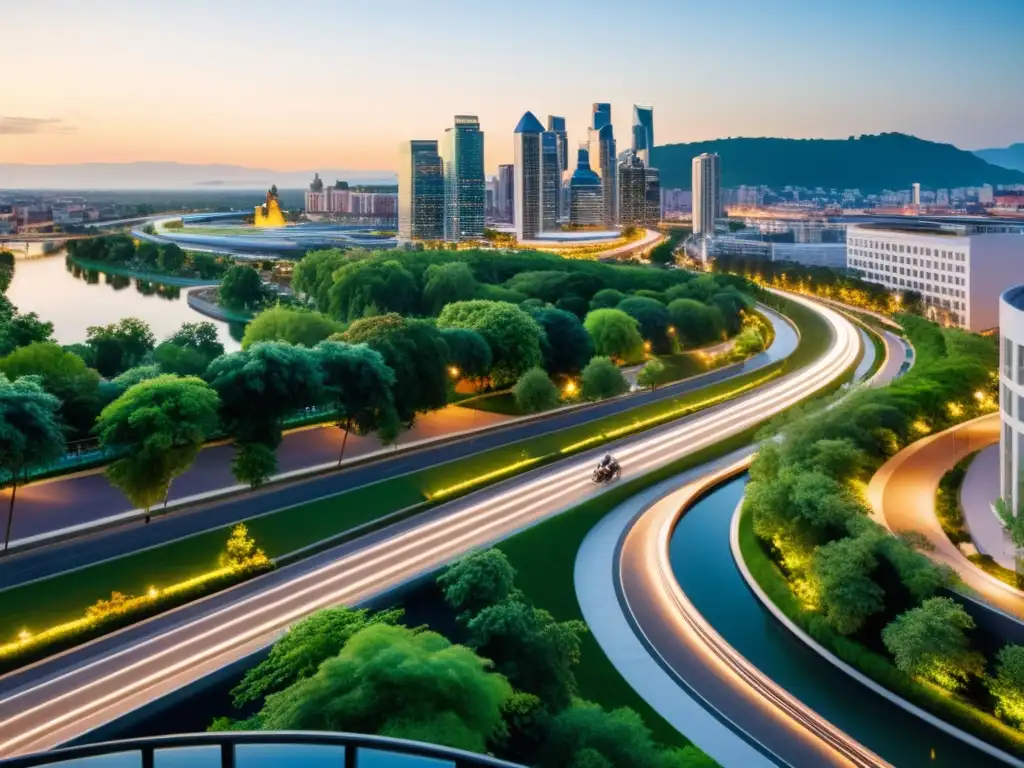 Paisaje urbano sostenible con modernos edificios, parques verdes y ciclovías