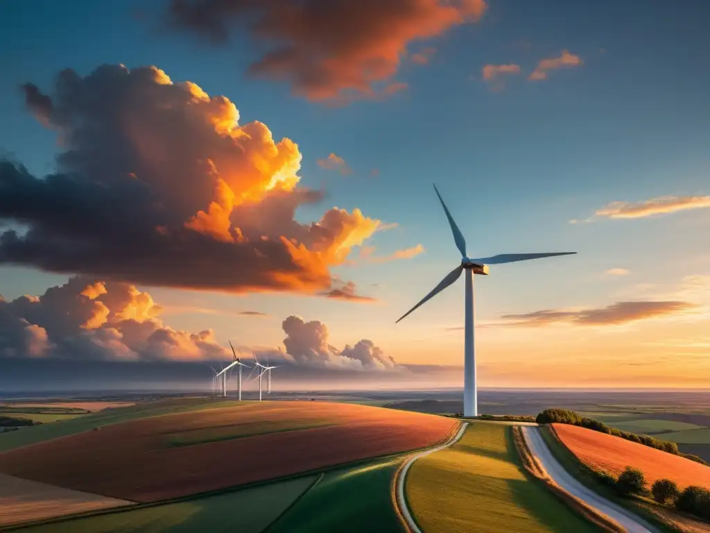 Un paisaje vasto y minimalista con un molino de viento solitario destacando en un vibrante atardecer, proyectando una larga sombra dramática