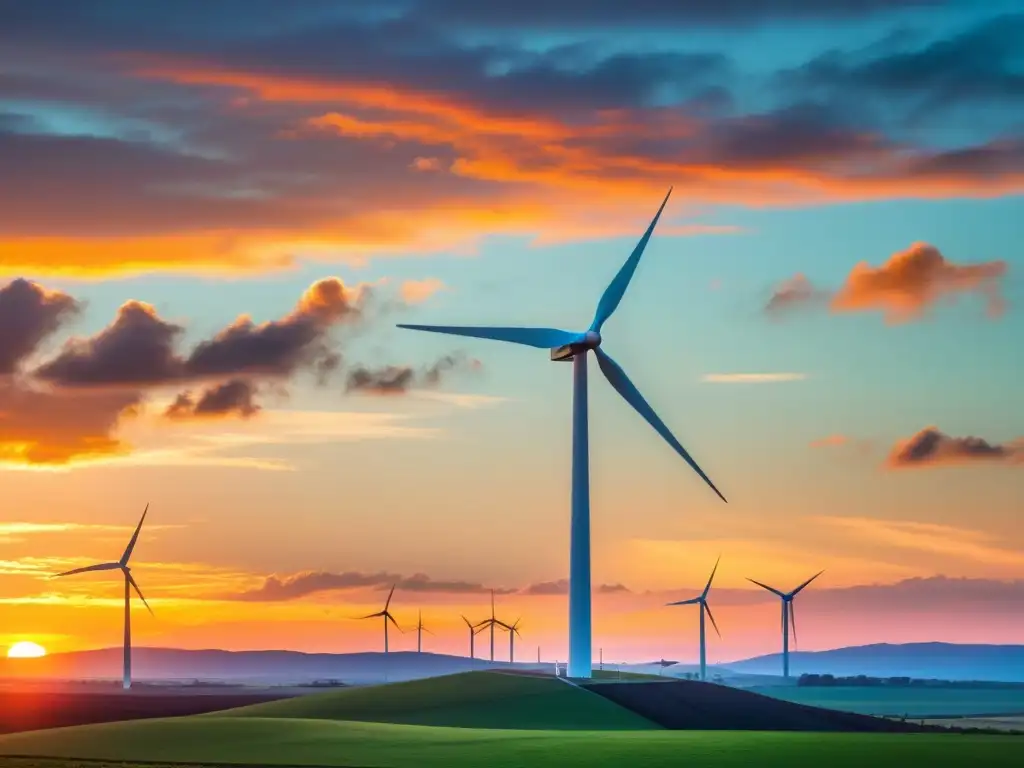 Un paisaje vasto con un molino de viento destacándose en un atardecer colorido