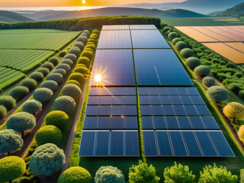 Un paisaje vasto con paneles solares bañados por la cálida luz del sol, simbolizando la armonía entre energía solar y sostenibilidad del planeta