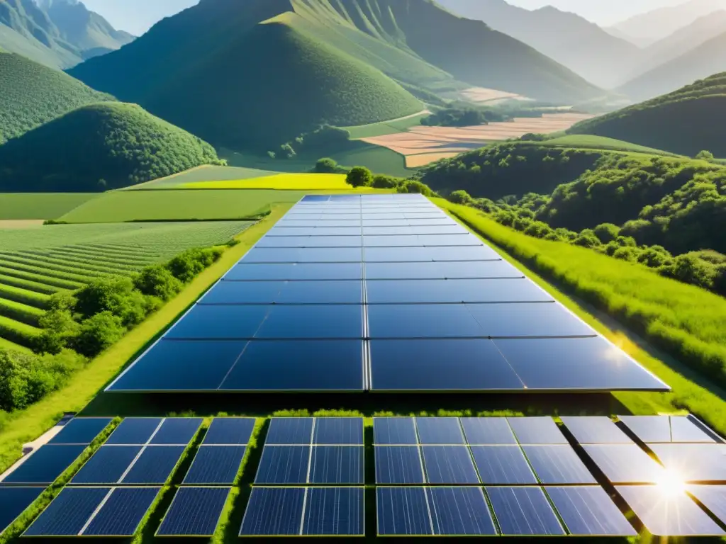 Un paisaje verde y armonioso con paneles solares reflejando la luz del sol