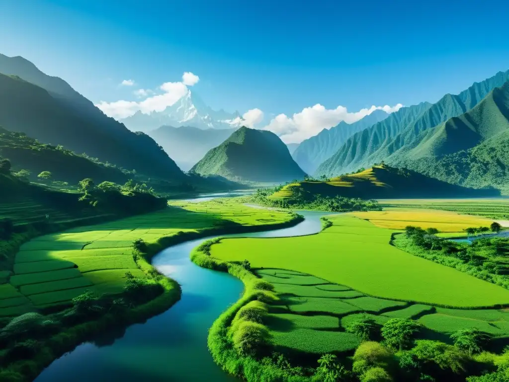 El paisaje verde exuberante de Bután, con los imponentes Himalayas al fondo