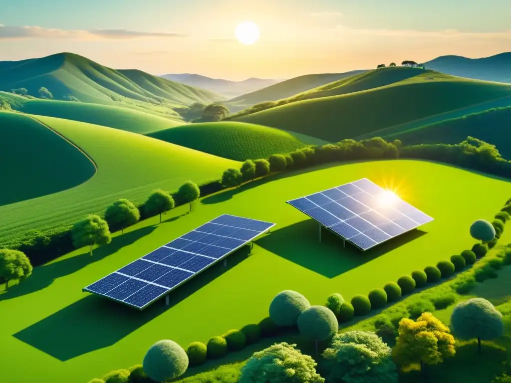 Un paisaje verde exuberante con paneles solares integrados armoniosamente, transmitiendo la coexistencia entre energía renovable y naturaleza