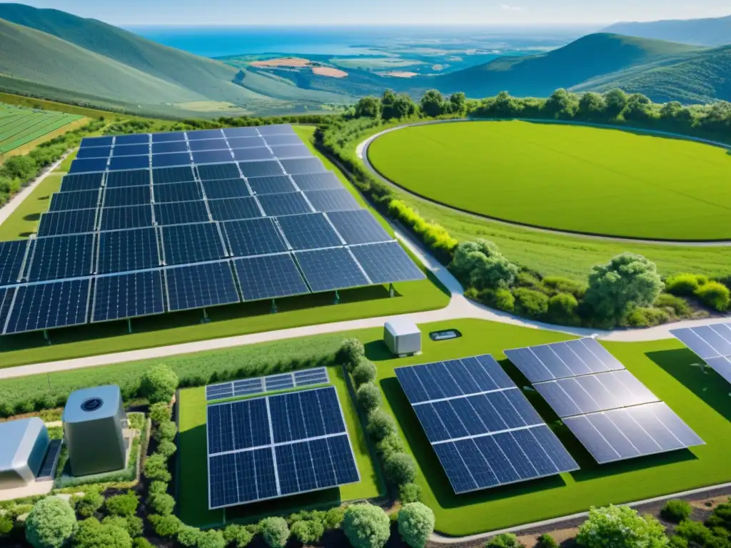 Un paisaje verde muestra un moderno microgrid sostenible, con paneles solares, turbinas eólicas y sistemas de almacenamiento de energía