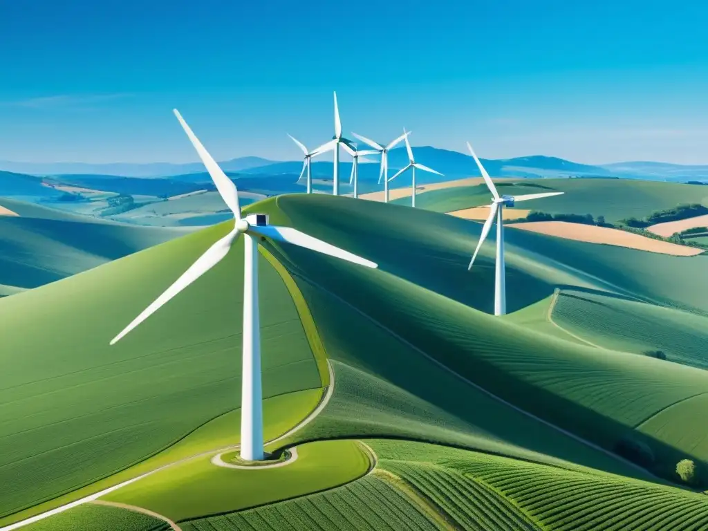 Un paisaje verde salpicado de modernos molinos de viento bajo el cielo azul