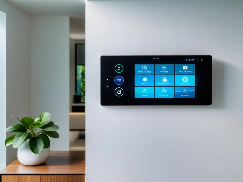 Un panel de control de casa inteligente minimalista y futurista en una pared blanca, con gadgets interactivos conectados en una interfaz moderna