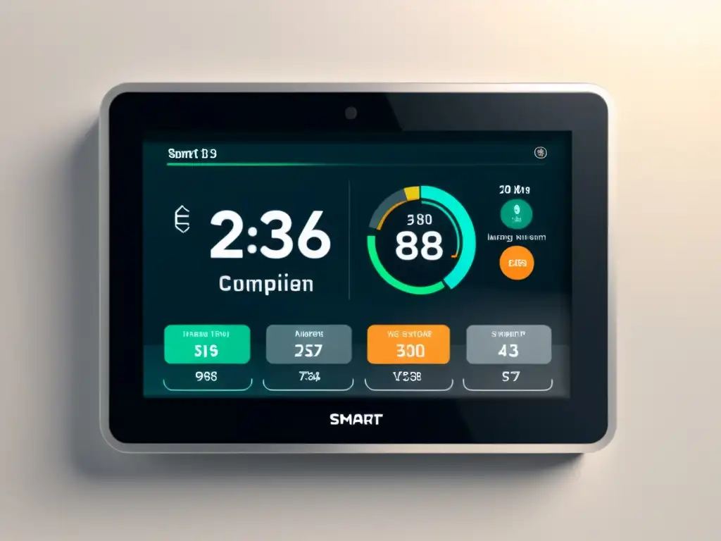 Panel de control central de un sistema de gestión de energía para hogar inteligente con interfaz futurista, mostrando datos de consumo y sugerencias de optimización de IA