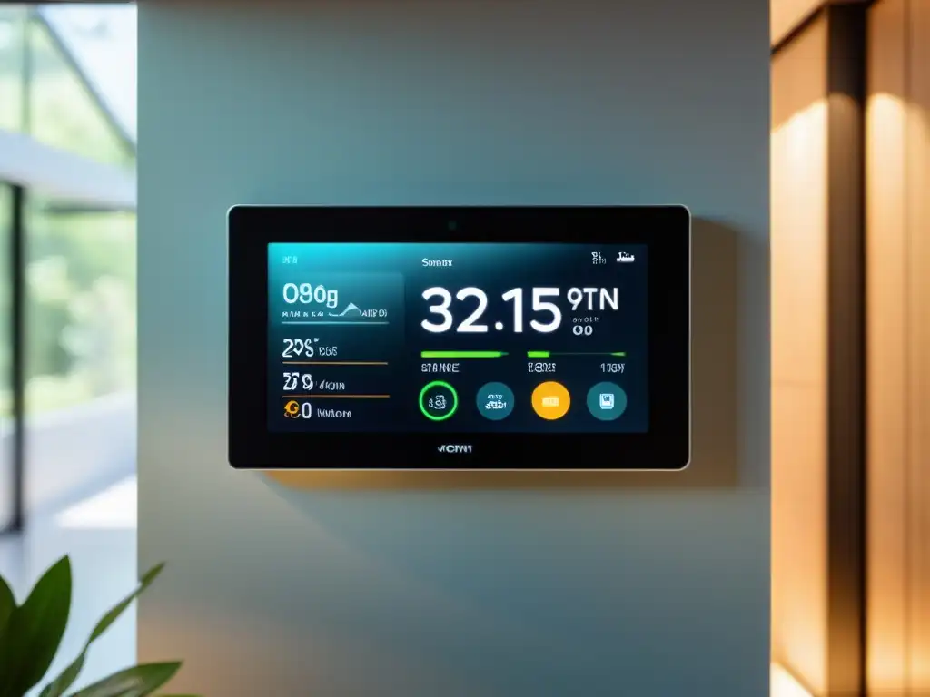 Panel de control domótico energía sostenible con diseño ecofriendly, integrando datos de energía y temperatura, en armonía con la luz natural