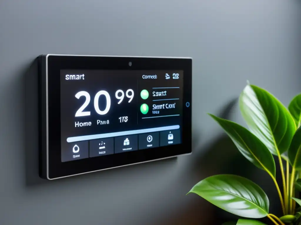 Panel de control domótico verde para hogar sostenible con pantalla LED y diseño minimalista, rodeado de plantas