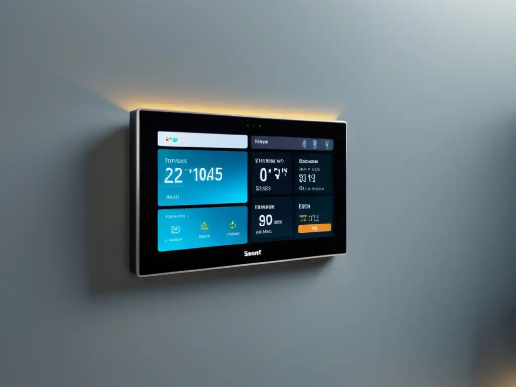 Panel de control elegante para hogar inteligente con visualización de datos de consumo eléctrico y control de temperatura