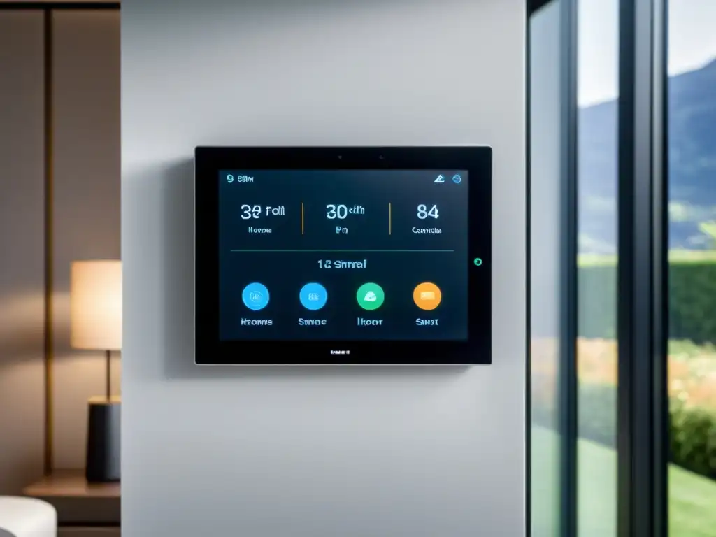 Panel de control elegante para hogar inteligente con automatización de cortinas en ambiente sostenible y moderno