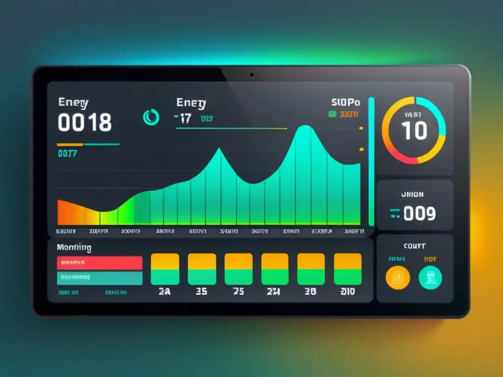 Panel de control energético en tiempo real con diseño moderno y gráficos coloridos fáciles de leer, transmitiendo eficiencia y precisión