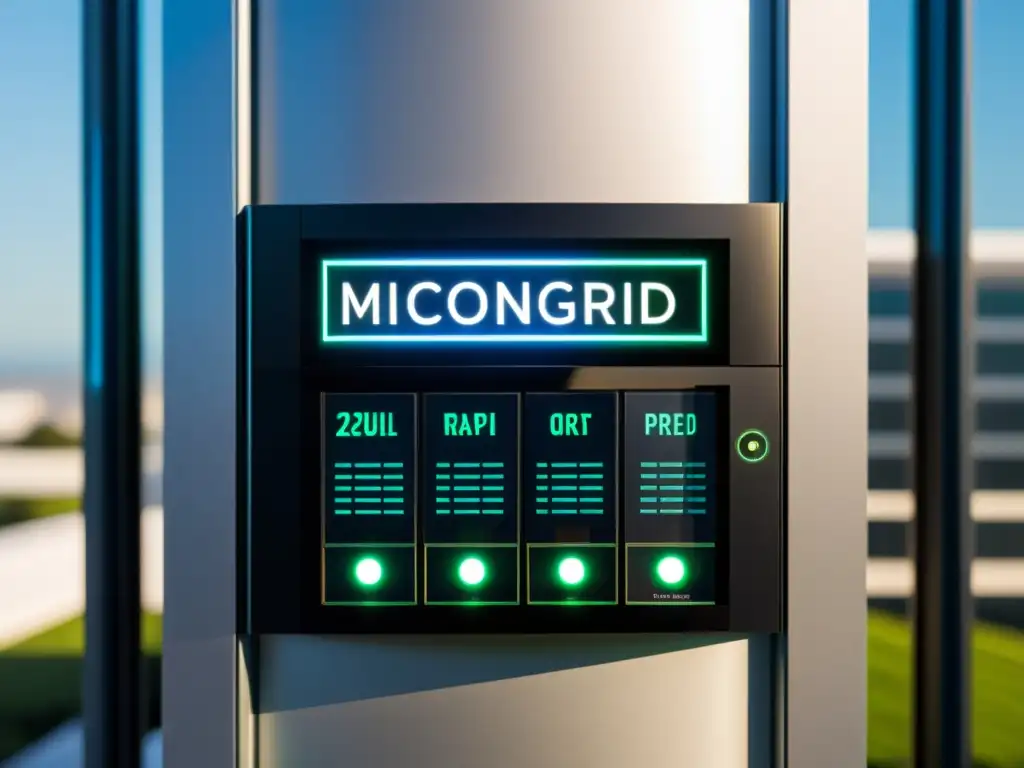 Panel de control futurista de microred con tecnología avanzada, desafíos legales microgrids actualidad