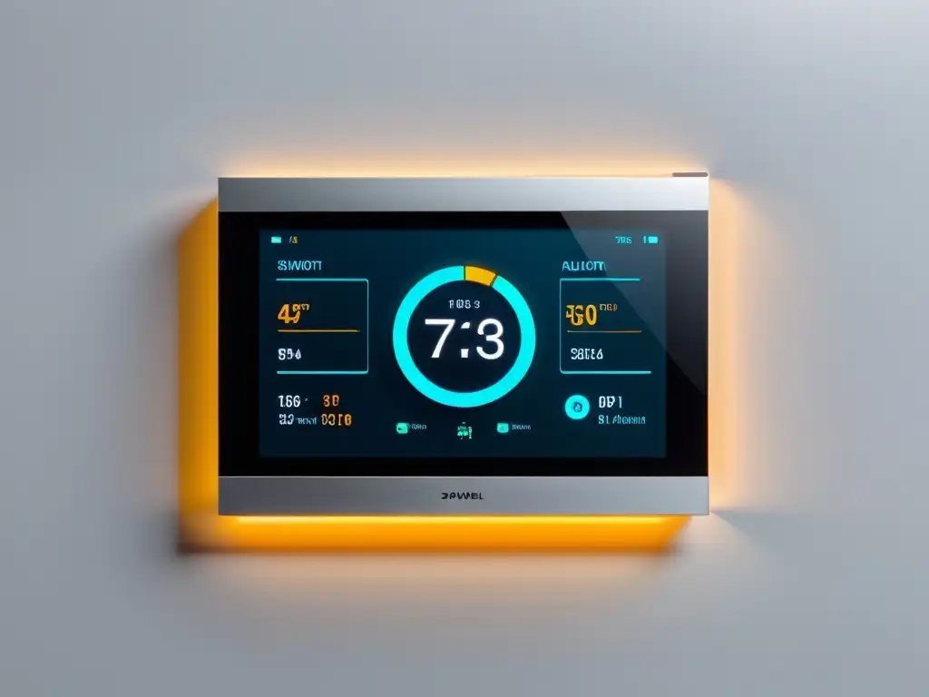 Panel de control de automatización del hogar para consumo energético en pared blanca, diseño moderno y sofisticado con pantalla táctil