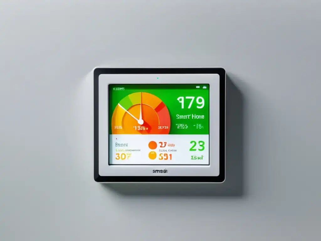 Panel de control de hogar inteligente con monitoreo en tiempo real para eficiencia energética, rodeado de decoración minimalista y luz natural