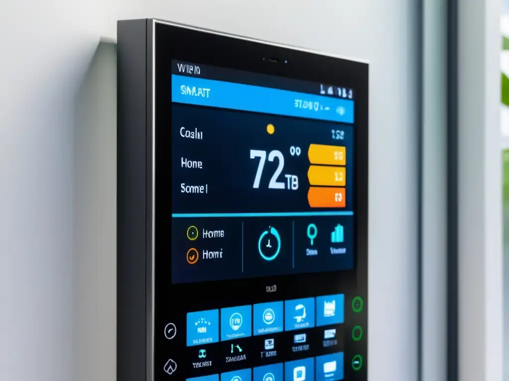 Panel de control de hogar inteligente con diseño minimalista y pantalla táctil, mostrando datos de energía solar y funciones automatizadas