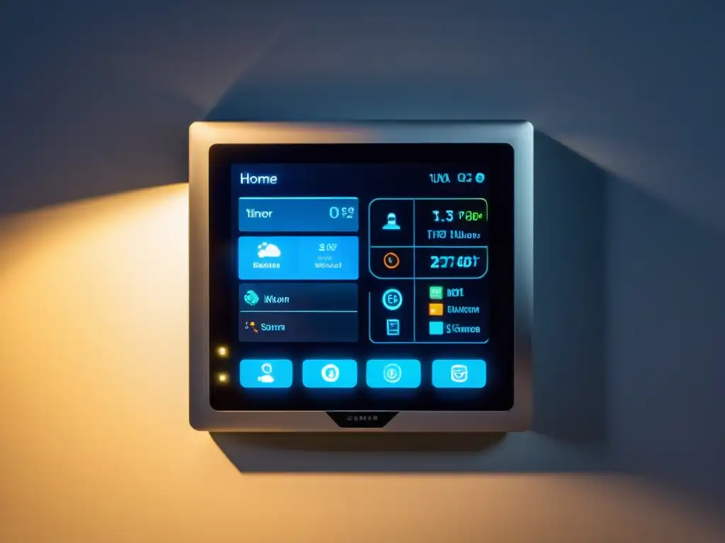 Panel de control para un hogar sostenible con pantalla táctil, iluminación moderna y datos de energía en tiempo real