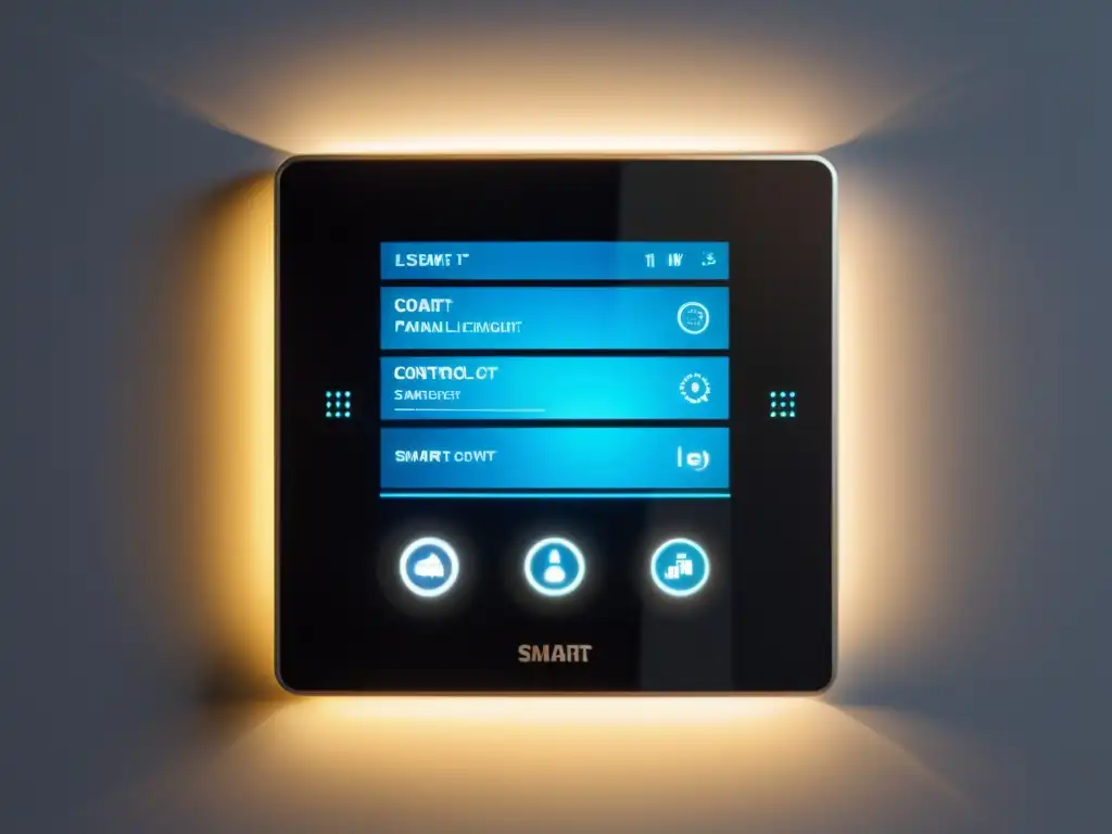 Panel de control de iluminación inteligente en ambiente moderno con opciones de iluminación y eficiencia energética