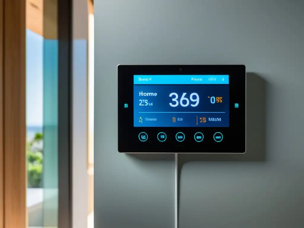 Un panel de control inteligente en un apartamento moderno, mostrando eficiencia energética en apartamentos pequeños