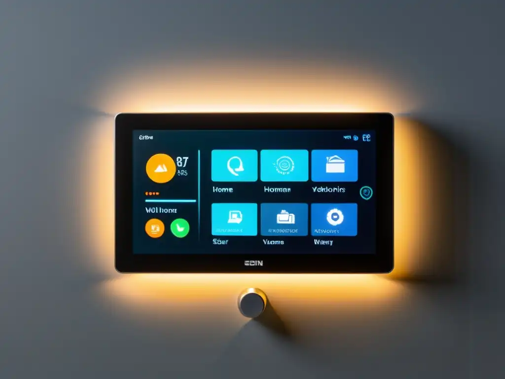 Panel de control inteligente para el hogar con diseño minimalista y pantalla táctil, rodeado de iluminación ambiental